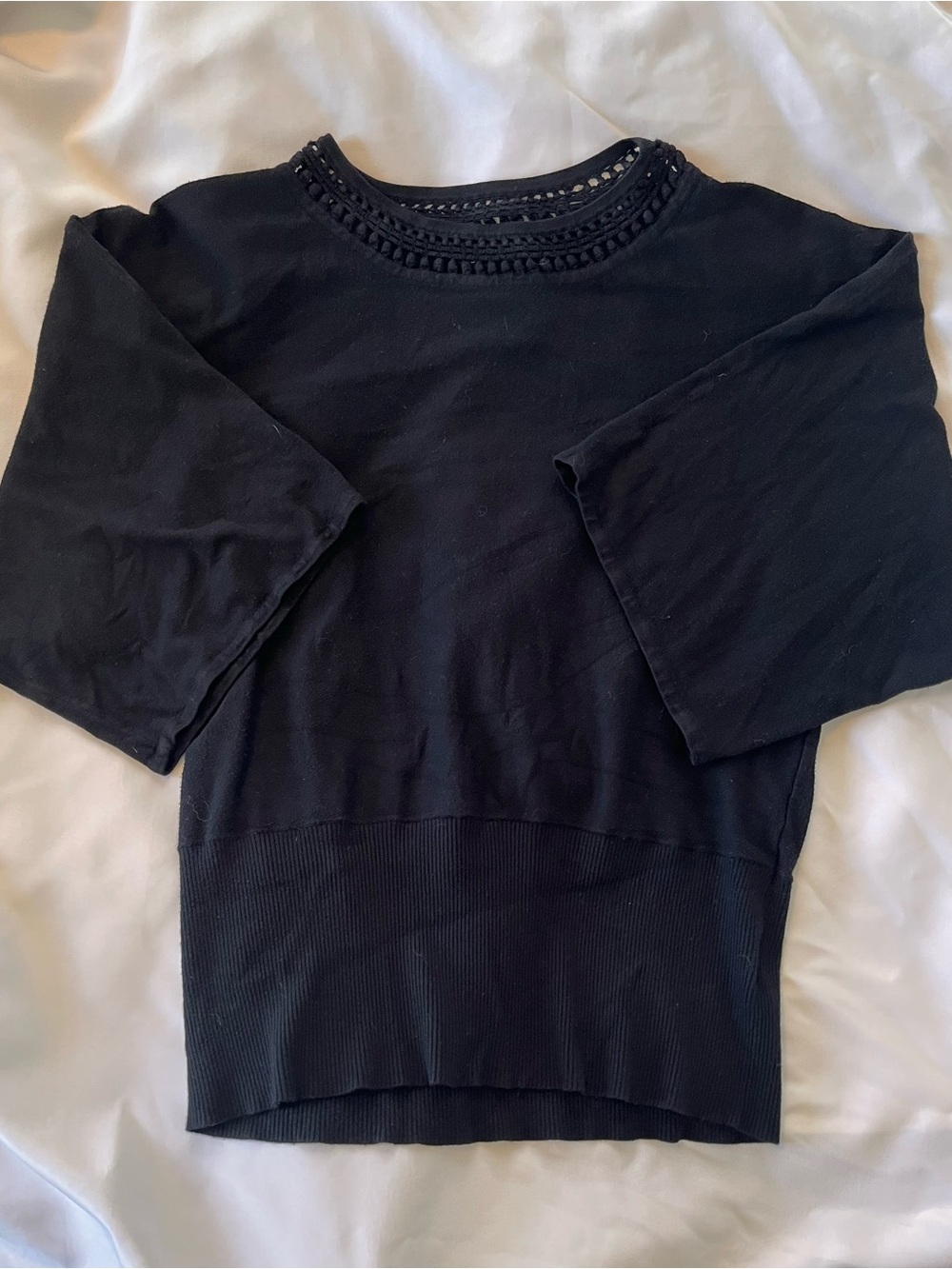 Crystal mode - Black Crochet-Trim Scoop Neck Sweatshirt - Women's